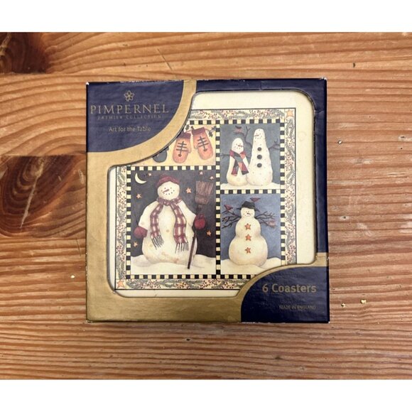 Vintage Pimpernel Holiday Snowman Cork Backed Coasters Set Of 6 England - Picture 1 of 4